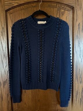 Tory Burch Navy Embellished Knit Sweater XS Pom Detail